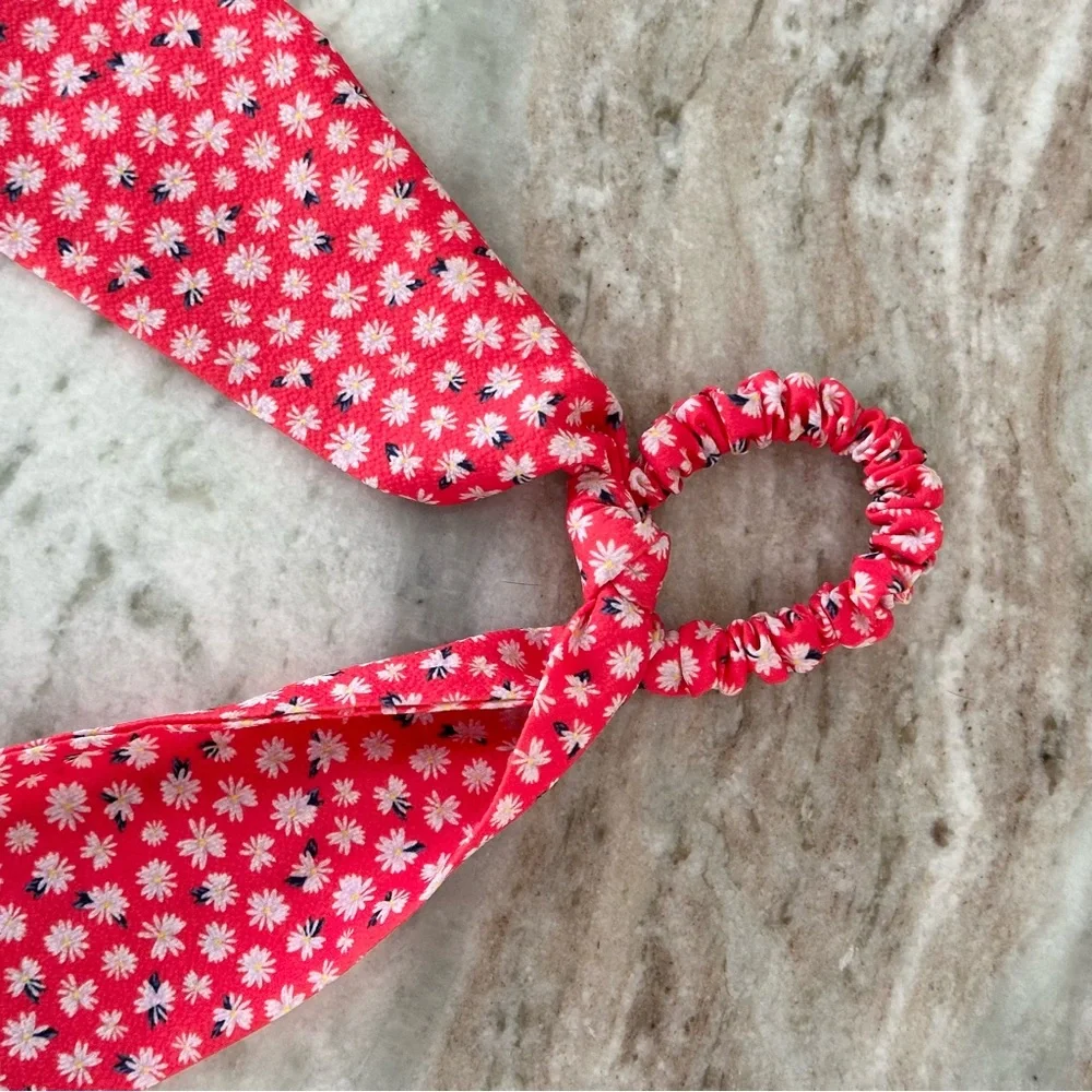 Floral Hair Scrunchie Bandana Ponytail Scarf - Red White & Blue